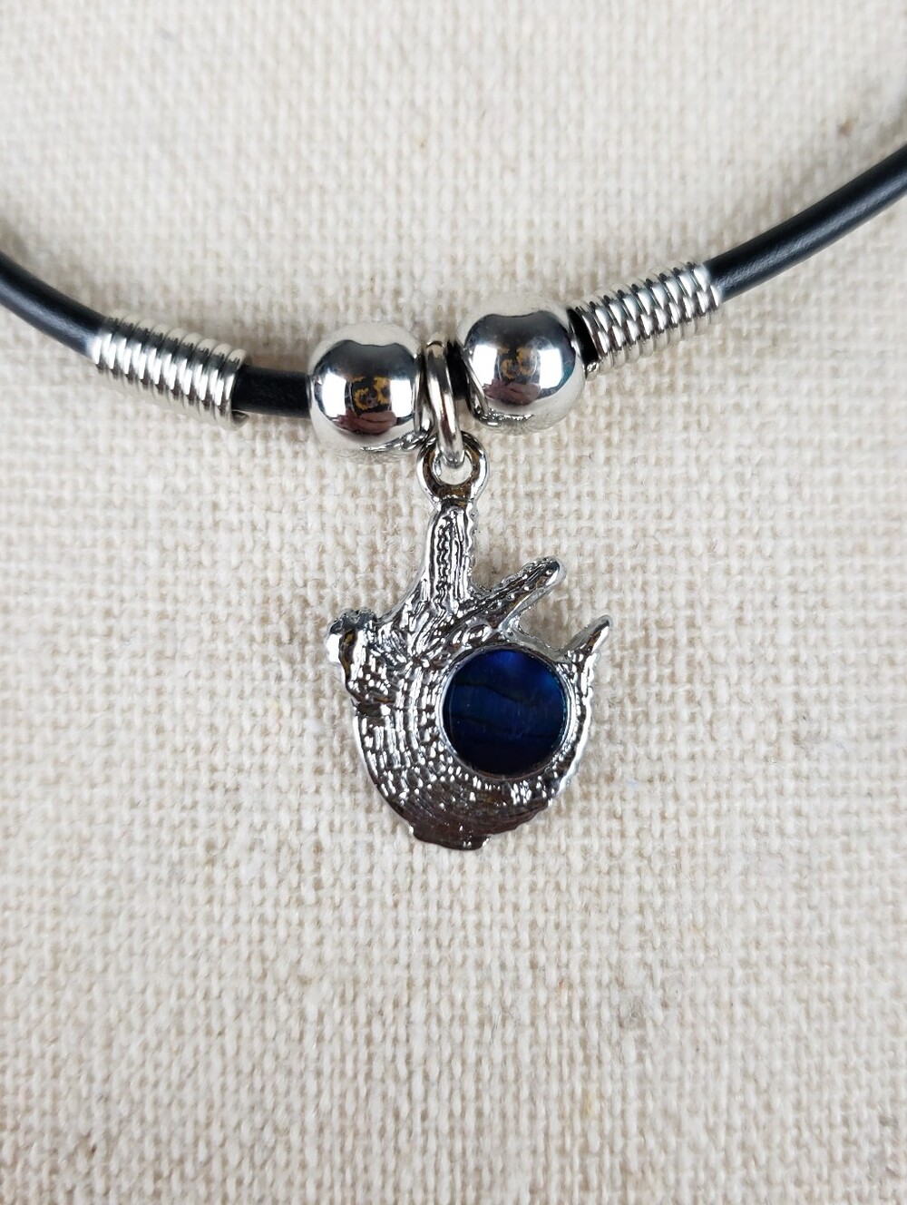 Silver Alligator Charm Necklace with Paua Shell on Black Cord